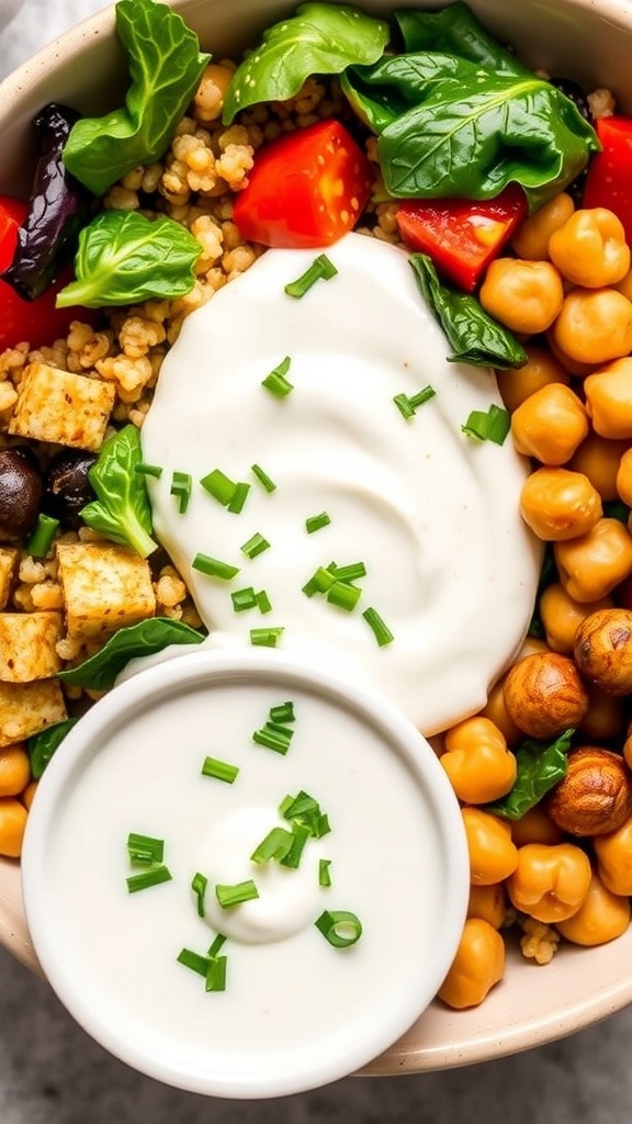 Creamy Yogurt Sauce for Quinoa Bowl Creamy yogurt sauce with herbs in a bowl next to a quinoa bowl with vegetables and chickpeas.